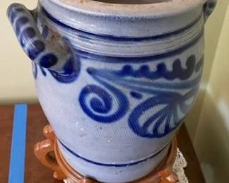 Antique vintage blue cobalt salt glazed stoneware large pot vase.