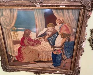 Framed antique tapestry.