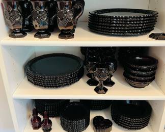 Selection of Avon 1876 Cape Cod Ruby Red glassware, dinnerware & serve ware 