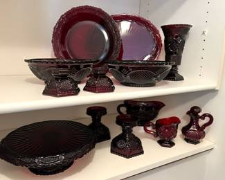 Selection of Avon 1876 Cape Cod Ruby Red glassware, dinnerware & serve ware 