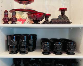 Selection of Avon 1876 Cape Cod Ruby Red glassware, dinnerware & serve ware 