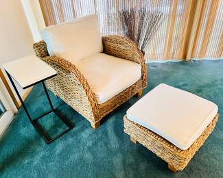 There are two banana leaf club chairs with coordinating ottomans (this is the second)