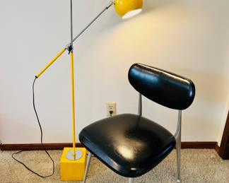Mid Century Modern yellow enamel eyeball floor lamp by Robert Sonneman for George Kovacs and vintage Shelby Williams ‘Gazelle’ chair in excellent condition