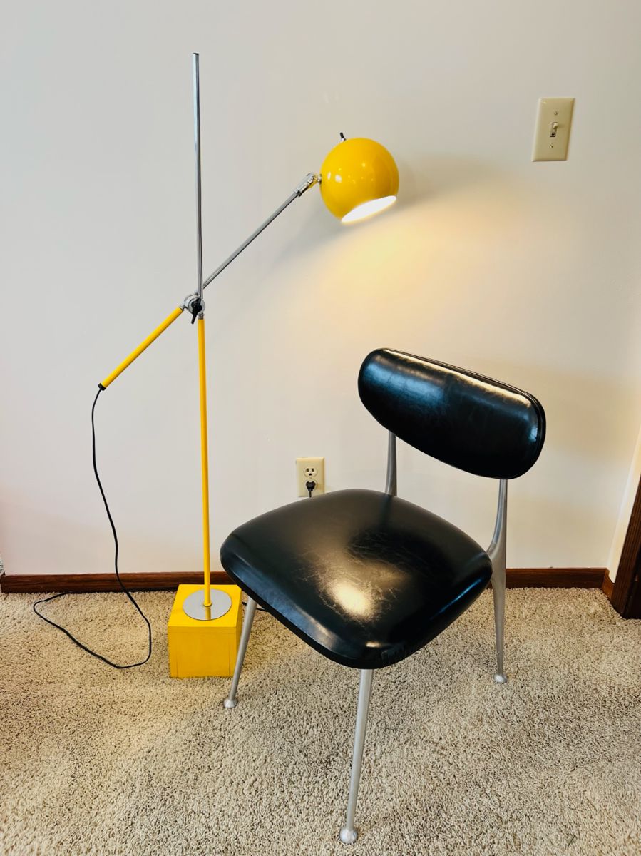 Mid Century Modern yellow enamel eyeball floor lamp by Robert Sonneman for George Kovacs and vintage Shelby Williams ‘Gazelle’ chair in excellent condition