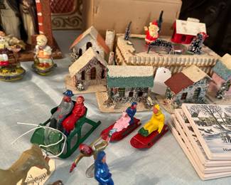Vintage —Metal Skaters, Sledders, Horse & Carriage, Japan Houses, and Santa Skater and Music Box