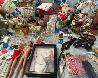 Christmas Cookie Jars, Barbie items - some clothes, wigs, and framed watch,  Lenox  White Santa Suit figurine, jewelry