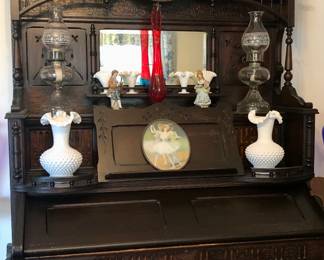 $200 Pump Organ.   $30 each Fenton Milk Glass Hobnail Vases. 