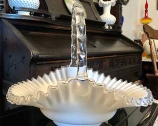 $25 Fenton Milk Glass Basket Silver Crest