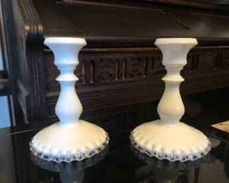 $25 Fenton Milk Glass Candlesticks Silver Crest