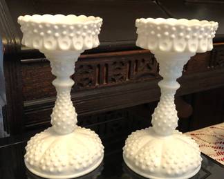 $55 Fenton Milk Glass Hobnail Candlesticks 4 pc