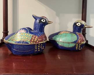 Two Cloisonne' bird trinket boxes.