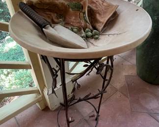 Bird Bath.  The details.  The trowel and work gloves are actually part of this birdbath!  Such a great piece.  I do not think it has ever seen the outside, nor has it had water in it, but it gives the birds a place to land.