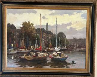 NOW $150. $295. Oil Painting Boats in the harbor.