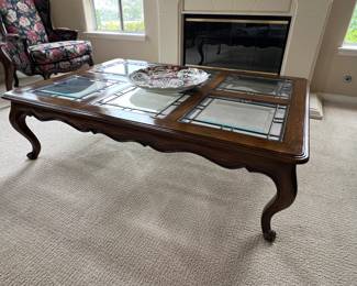 NOW $45. $95.00.   60” x 42” x 17”.   6 leaded bevel glass lights solid dark hand carved Oakwood
Excellent Condition no damages.   Hendredon or Drexel .   c. 1980s 
