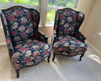 $295.00 Pair of French Style Wing Back lounge Chairs .
No damages excellent condition.  Hand Carved wood frame.  Upholstered Backs.  