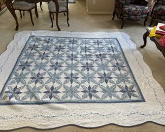 $150.00.  92” x 104” Hand Made using a sewing machine  with hand embroidered running border  garland .  Excellent clean condition no damages.