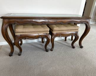NOW $145. $295.00  c. 1960 French Country  Console Hall Table with  Glass Panel  Top and Stools.  Upholstery is very good ready for use.  