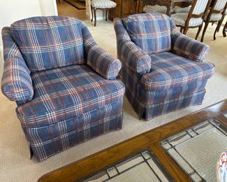 $95. CENTURY a pair of upholstered plaid chairs. 