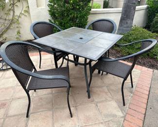 NOW $35. $75. PATIO Set. Metal Chairs & Table with tile inserts. 39” square x 28.5” high