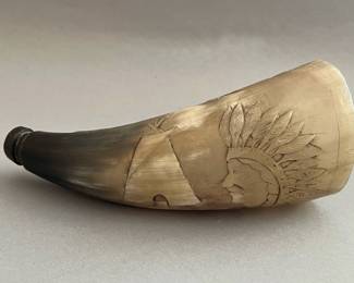 Etched Powder Horn with Native American Design 