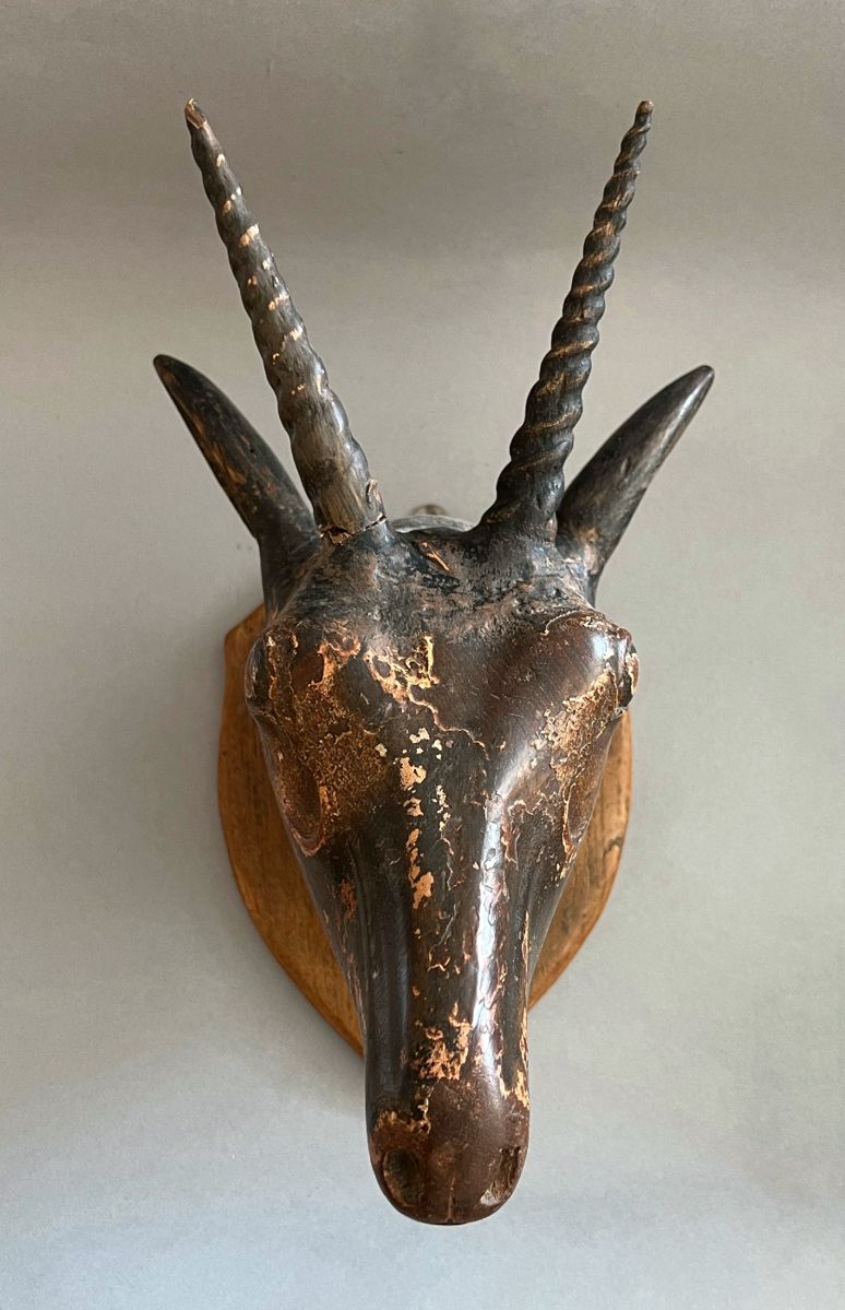 Vintage Hand Carved Wood  Head
Trophy with Antlers