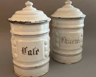 Two Vintage Enameled Metal Apothecary Jars 