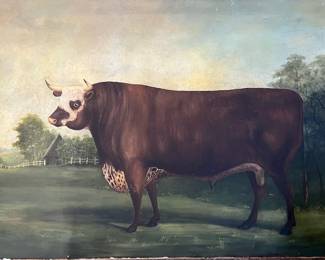 Large Vintage Hereford Bull Oil Painting on Canvas 