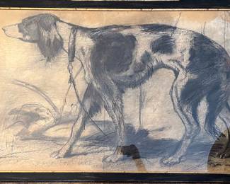 Large Charcoal Drawing of Dog, Signed 