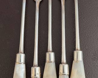 Set of 5 Mother of Pearl Sterling Silver Band Oyster Forks 
