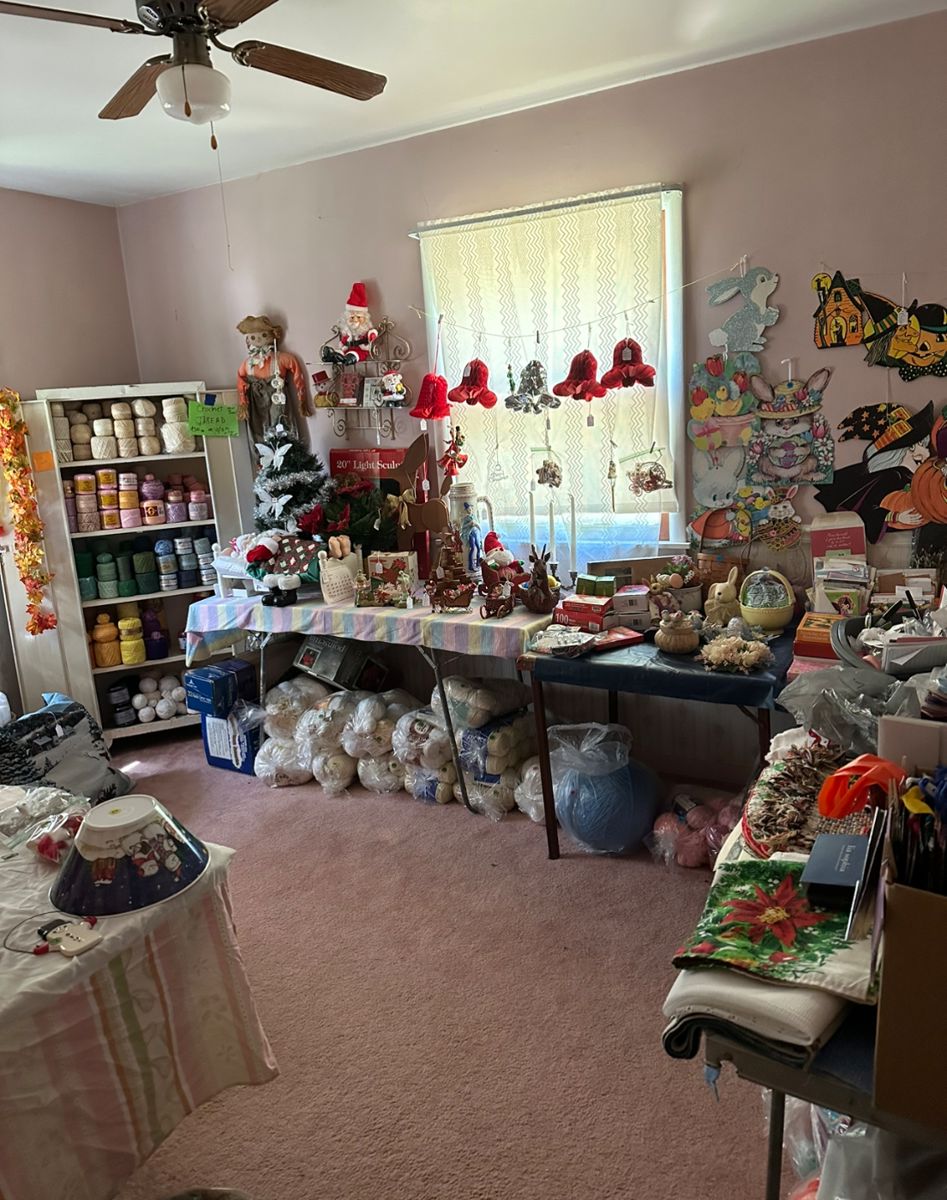 Bedroom: YARN, CROCHET THREADS, HOLIDAY DECORATIONS & DISHES. 