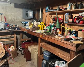 Tools, chainsaw, handsaws, other tools, suitcases, vintage heavy duty wagon.