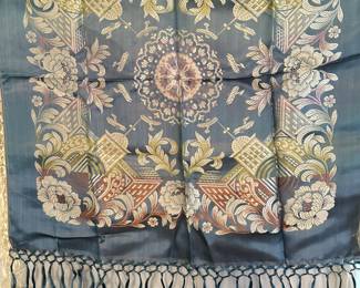 Vintage blue silk Asian scarf with silk fringe