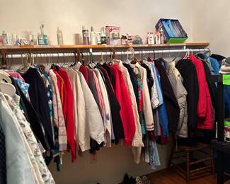 Clothing room.
 Shirts, pants, sweaters, sweatshirts, coats, shoes, hats, pjs, decorative handkerchiefs, scarves, socks, toiletries & more.