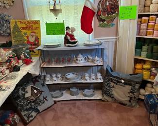 Vintage Christmas China with 8 place setting: Dinner plates, salad plates, dessert plates, saucers, cups, glasses, serving bowls, large platter, beautiful tea pot.