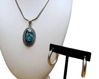 Copper Chrysocolia Sterling Silver Necklace Sterling Hoop Earrings