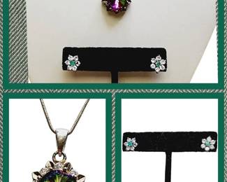 Mystic Glass Starburst Sterling Silver Necklace Emerald Flower Earrings Sterling Silver