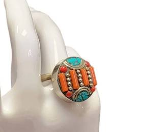 Red Coral Turquoise Ring