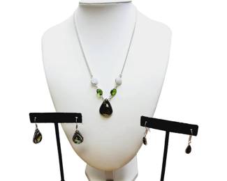 Serene Green Sterling Necklace 2 Pair Earrings