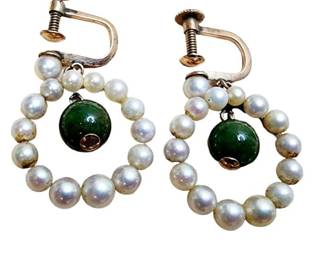 Vintage 10kt Screw Back Pearl Jade Earrings