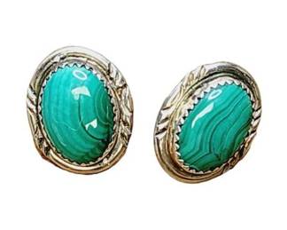 Vintage Native American Sterling Silver Signed Malachite Earrings