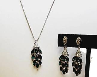 Vintage Rainbow Sterling Green Stoned Necklace Matching Earrings