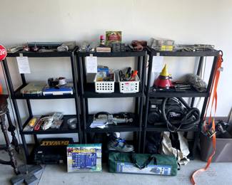 Hand tools, nails and screws, socket set, Eureka Mighty Mite vac, Dewalt cordless drill-no charger, 3-person tent, roller blades, ice skates