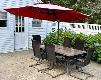Cast Aluminum Table with 6 Armchairs & Cantilever Umbrella