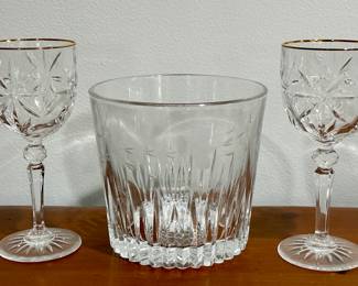 Cut Crystal Ice Bucket & Gold Rim Wine Glasses