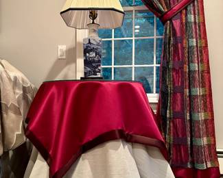 (2) Free Form Tables with Custom Tablecloth (red/cream)