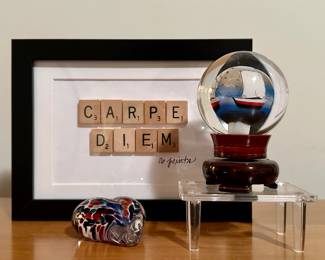 Art Glass Heart, Snow Globe & Scrabble Tile Artwork