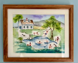 "Swimming" Watercolor, Signed