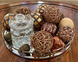 Mirrored Tray with Twig Decor & Waterford Biscuit Jar