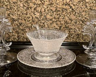 Pressed Glass Candlesticks & Gravy Bowl