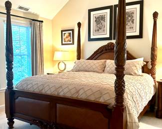 Carved King Four Poster Bed with Wicker Accents & Sleep Number Mattress